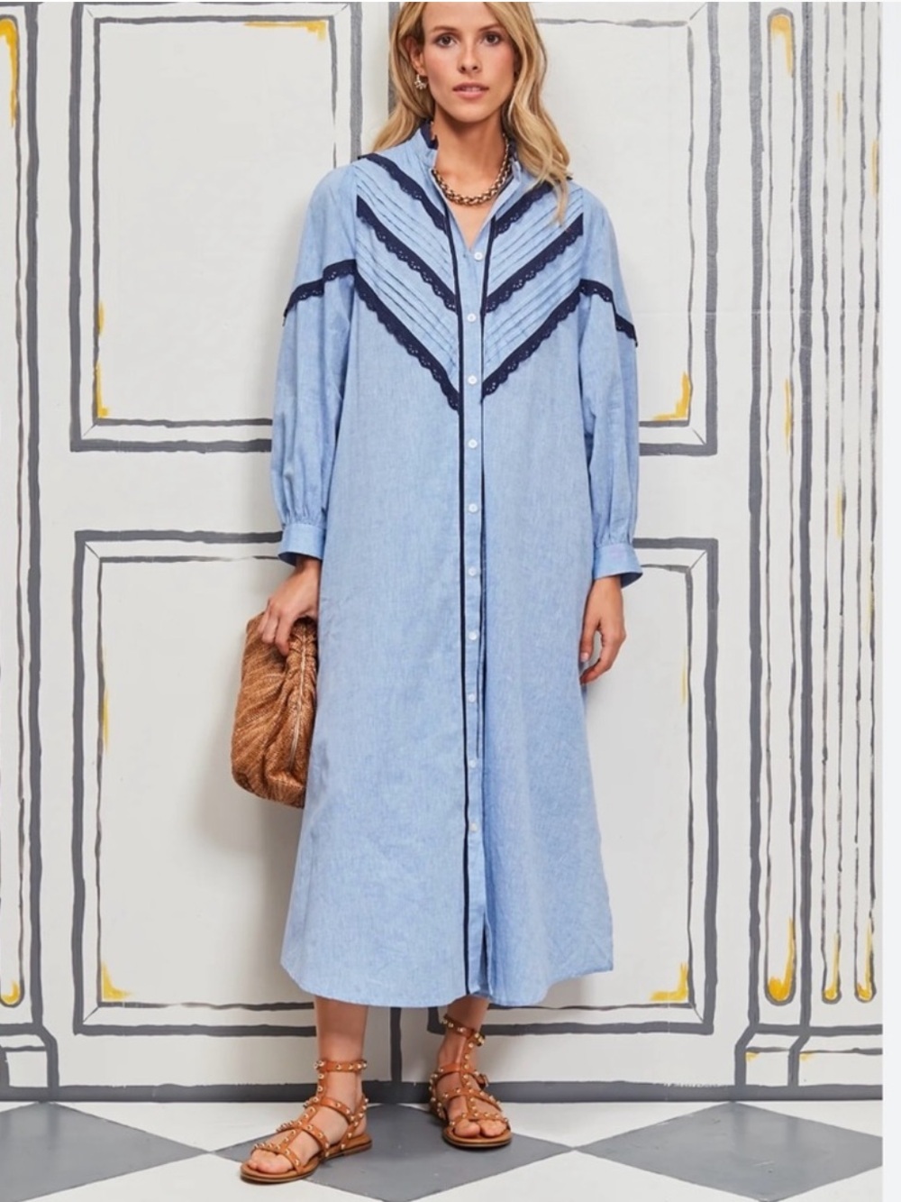 Pomander Place Tuckernuck Jolene Chambray Midi Dress Button Front Lace Linen